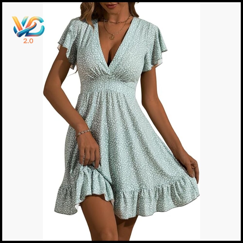 Floral Wrap V-Neck A-Line Sun Dress With Ruffle Sleeves